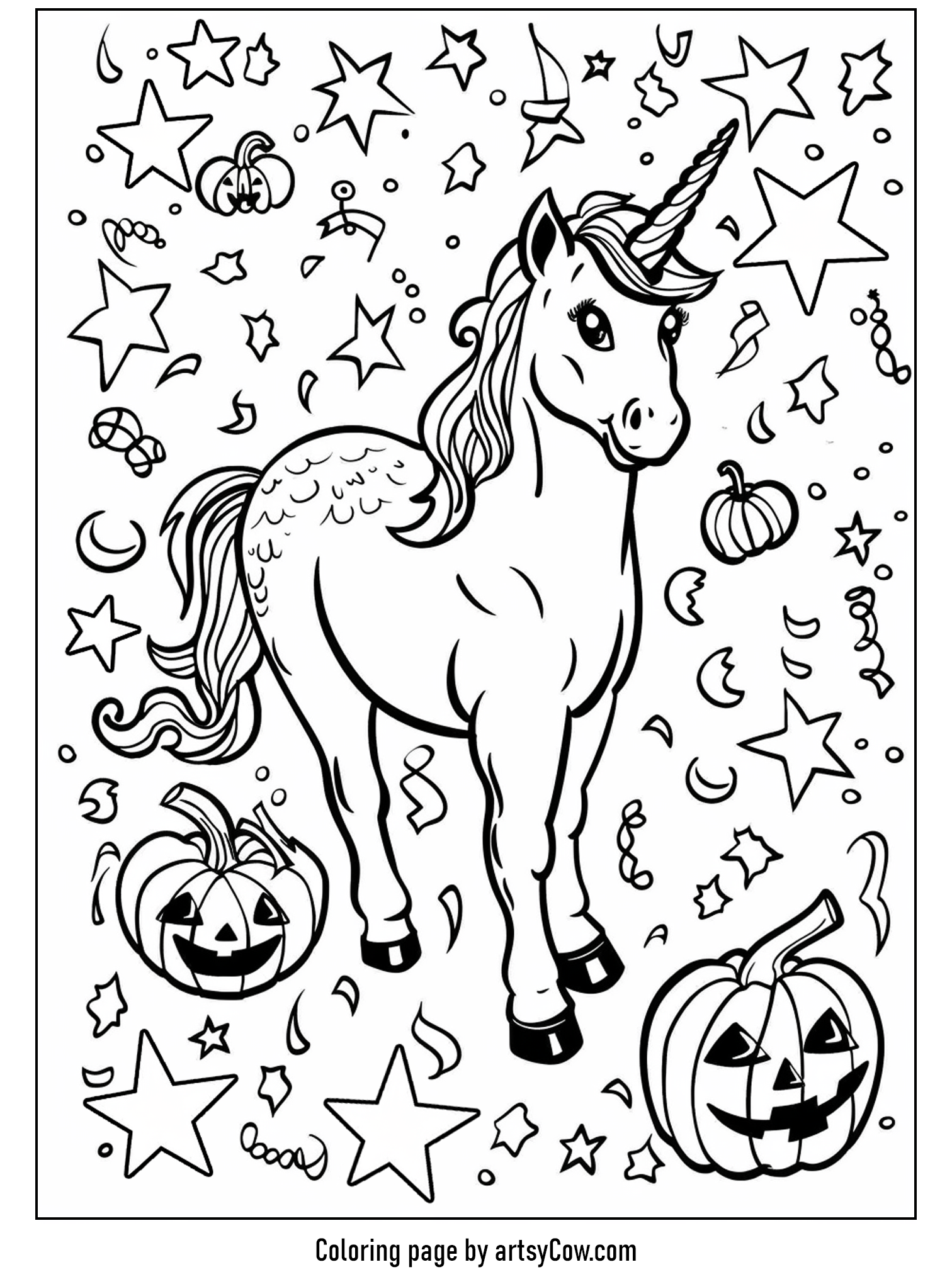 halloween coloring pages with unicorn, Halloween Unicorn Among the Stars